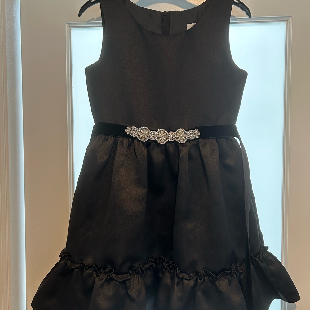 Black Satin Dress with glam belt. Worn once for photos.